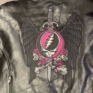 Grateful Dead Black Leather Jacket with Pink Skull and Wings Design